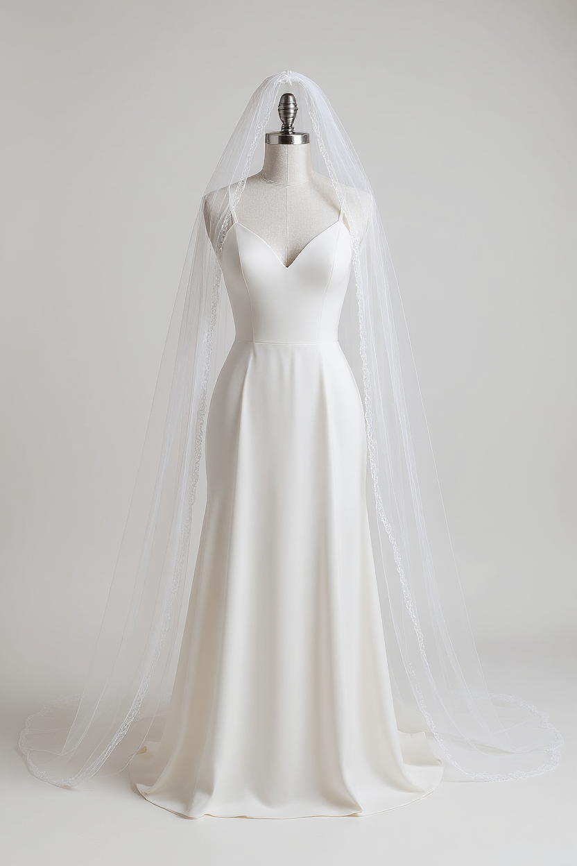 Ivory silk slip with cathedral veil